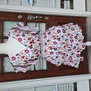 CELINA MOON Floral Ruffle Mini Dress - White and Pink